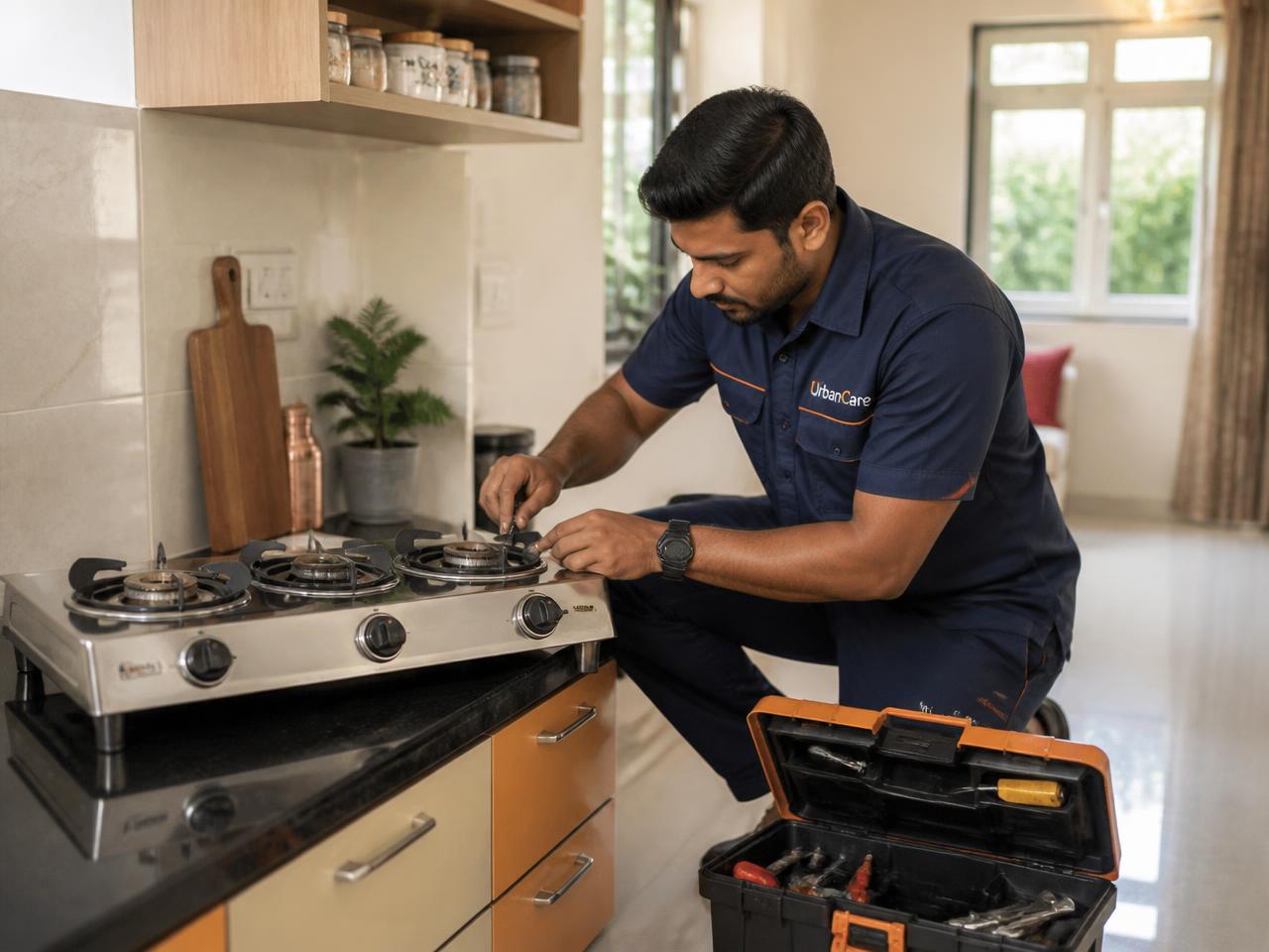 Technician servicing a gas stove in an Indian home kitchen in Pune
