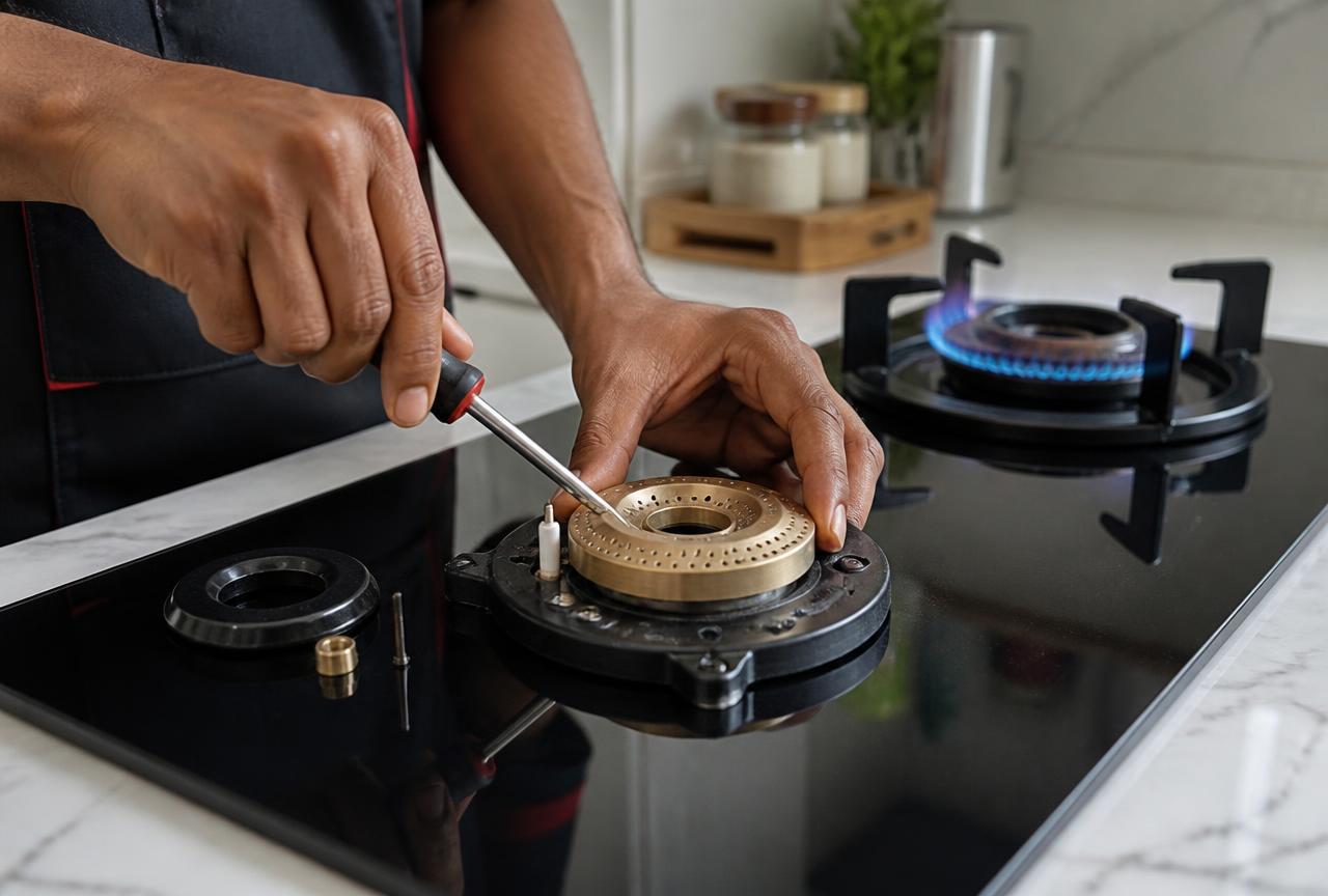 Close-up of a gas stove burner being repaired and cleaned